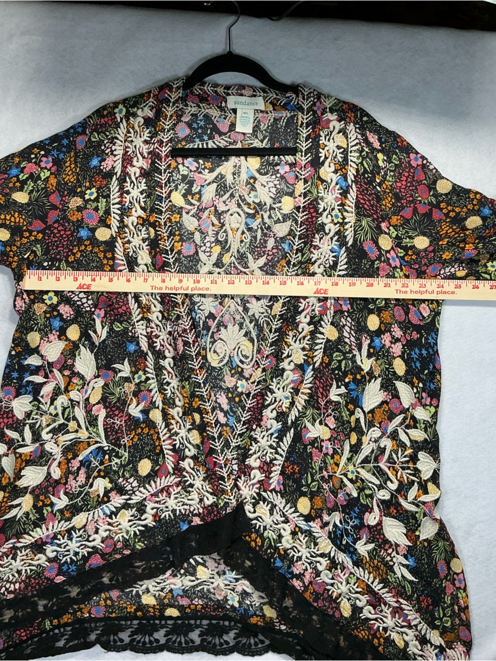 Sundance Floral Embroidered Cardigan Kimono | Boho Open Front Lace Trim | Women - Picture 6 of 11